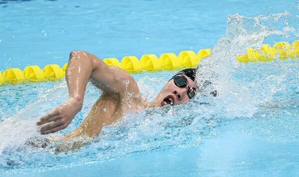 15일 전남 목포실내수영장에서 열린 제104회 전국체육대회 수영 남자 일반부 계영 800ｍ 결승에서 황선우(강원도청)가 역영하고 있다. /연합뉴스