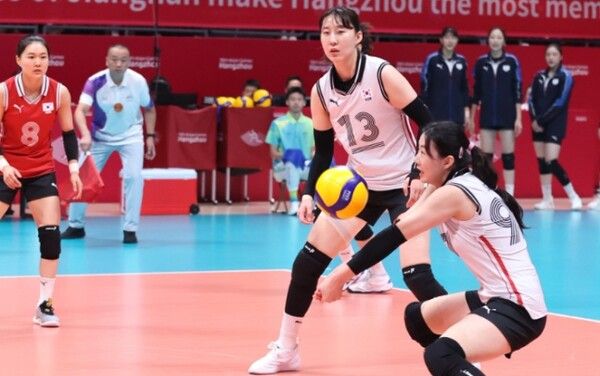 강소휘(가운데)가 리시브를 받고 있다. /아시아배구연맹 제공