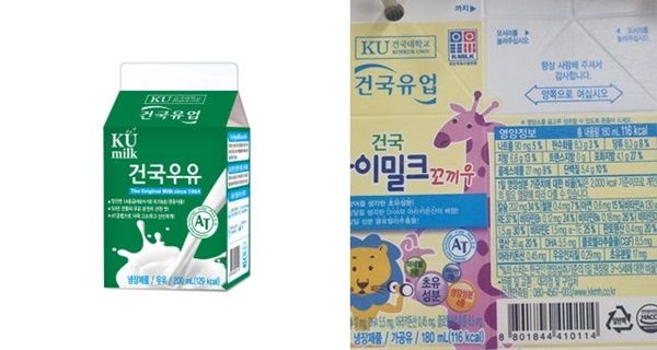 판매 중단 및 자율 회수 조치를 받은 '건국우유'와 '건국 아이밀크 꼬끼우' / 식약처 식품안전나라