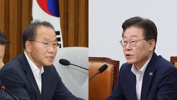 25일 국회 본청에서 열린 국민의힘 원내대책회의에 참석한 윤재옥 국민의힘 원내대표(왼)와 더불어민주당 최구위원회의에 참석한 이재명 민주당 대표(오)./ 연합뉴스