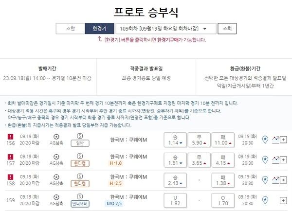 프로토 승부식 109회차 한국(홈)-쿠웨이트(원정)전 대상 한경기구매 게임 일정. /스포츠토토코리아 제공
