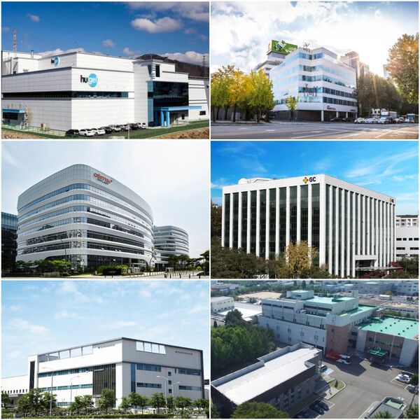 (첫번째 줄 왼쪽부터) 휴젤 춘천 거두 공장, 대웅제약. (두번째 줄 왼쪽부터) 오스템임플란트, GC녹십자. (세번째 줄 왼쪽부터) 에시디바이오센서, HLB 향남공장. / 각 사 제공.&nbsp;