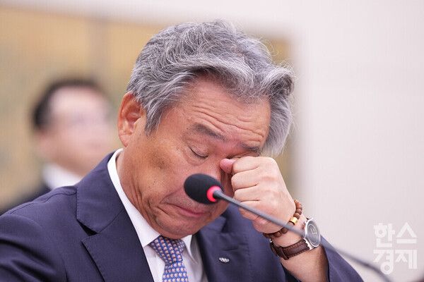 이기흥 대한체육회장이 22일 서울 여의도 국회에서 열린 문화체육관광위원회의 대한체육회 등에 대한 국정감사에 출석해 눈을 비비고 있다. /최대성 기자