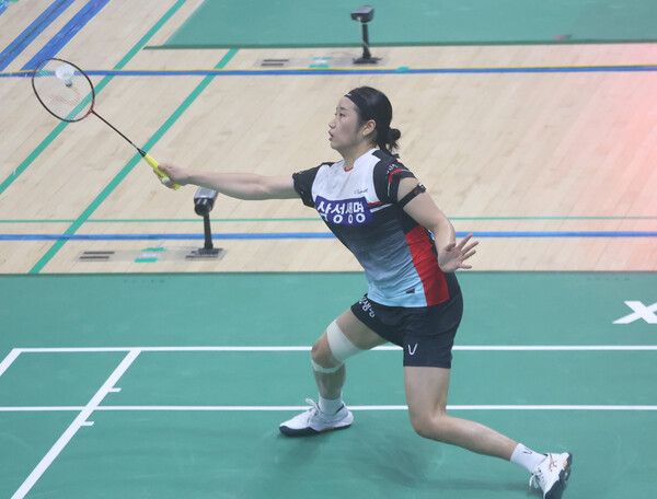 지난달 9일 경남 밀양시 밀양배드민턴경기장에서 열린 제105회 전국체육대회 배드민턴 예선전. 부산 삼성생명 안세영이 경기에 집중하고 있다. /연합뉴스