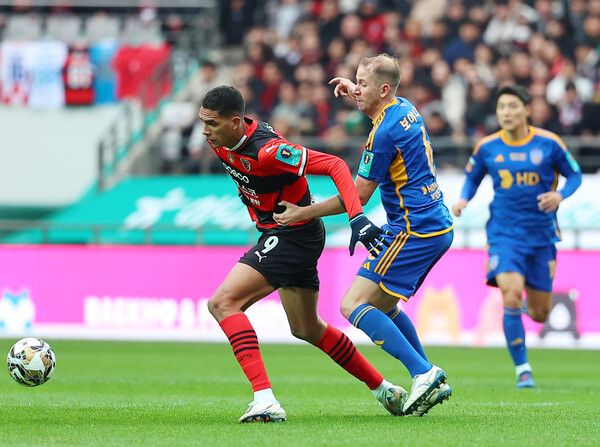 30일 오후 서울월드컵경기장에서 열린 2024 하나은행 코리아컵 포항 스틸러스와 울산HD의 결승전. 포항 조르지(왼쪽)와 울산 보야니치가 볼경합을 벌이고 있다. /연합뉴스