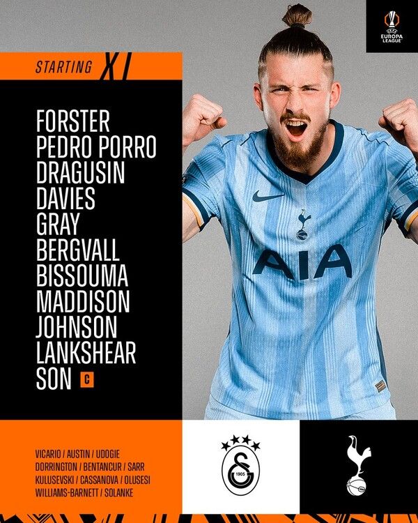 갈라타사라이전을 앞두고 발표된 토트넘 선발 명단. /토트넘 페이스북