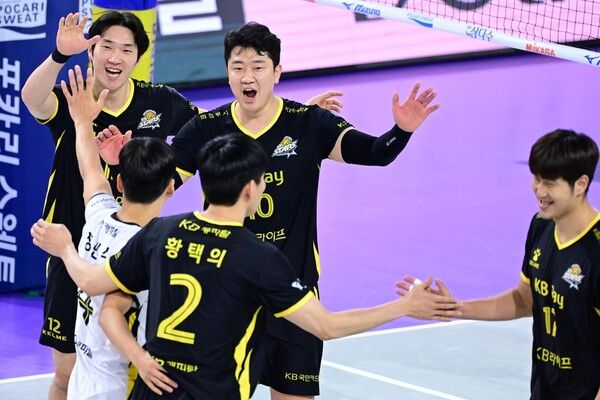 KB손해보험 선수들이 기뻐하고 있다. /KOVO 제공