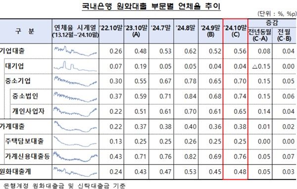 13일 금융감독원이 발표한 '2024년 10월말 국내은행의 원화대출 연체율 현황(잠정)'에 따르면 10월말 국내은행의 원화대출 연체율은 0.48%로 전월말 대비 0.03%p 상승했다. /금융감독원 제공&nbsp;