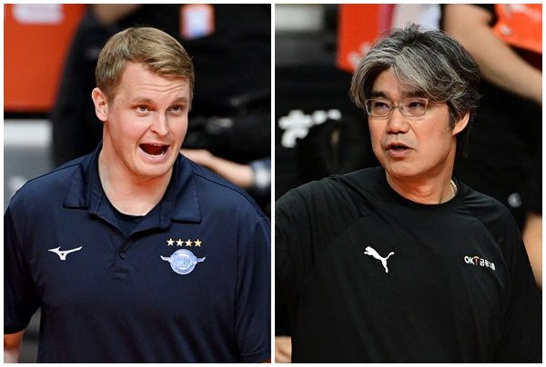 토미 틸리카이넨 대한항공 감독(왼쪽)과 오기노 마사지 OK금융그룹 감독. /KOVO 제공