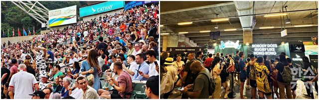 홍콩 세븐스 남쪽 스탠드 모습(왼쪽)과 홍콩 세븐스 경기가 펼쳐지는 홍콩 스타디움 내부. /강상헌 기자