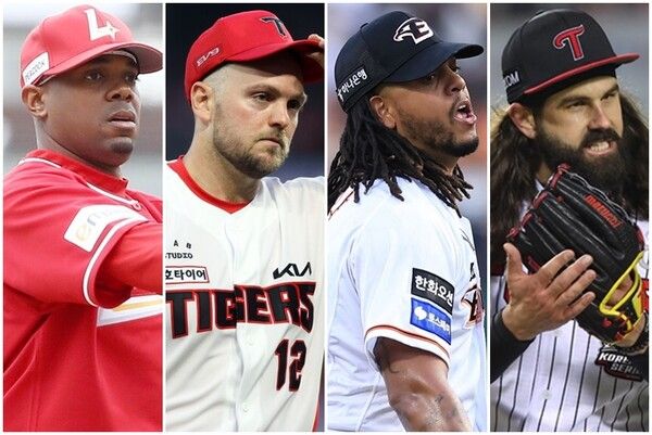 SSG 랜더스 로에니스 엘리아스(왼쪽부터), KIA 타이거즈 윌 크로우, 한화 이글스 펠릭스 페냐, LG 트윈스 케이시 켈리. /SSG 랜더스, KIA 타이거즈, 한화 이글스, 연합뉴스 제공