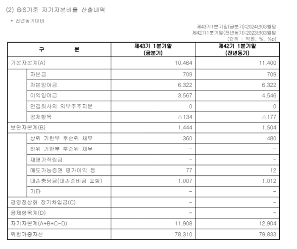 국제결제은행(BIS)자기자본비율 산출내역. / 한국투자저축은행 제공&nbsp;