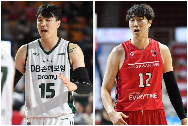김종규(왼쪽)가 안양 정관장으로, 정효근이 원주 DB로 가는 1대1 트레이드가 단행됐다. /KBL 제공