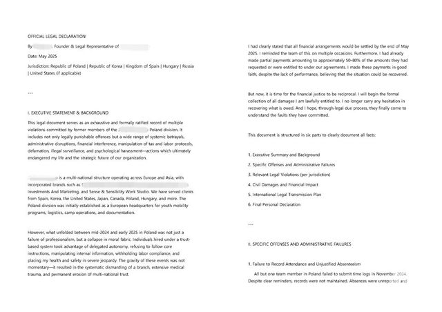 J씨가 직원들의 실명을 거론하며 국제형사경찰기구(인터폴)와 유럽 각국 행정기관, 한국 외교부 등에 자료를 송부하겠다는 경고가 담긴 문건의 일부. /