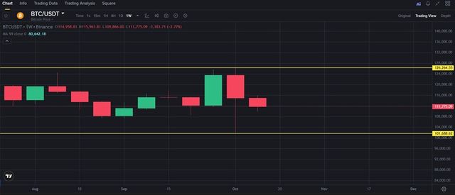 10일~11일 193억달러 규모 청산 사태 당시 비트코인이 급락세를 보이며 약 11만1000달러 선까지 하락했다. 차트에서 10월 중순 적색 캔들은 해당 주간 하락세를 나타내고 있다. /바이낸스 거래소 트레이딩뷰 캡처