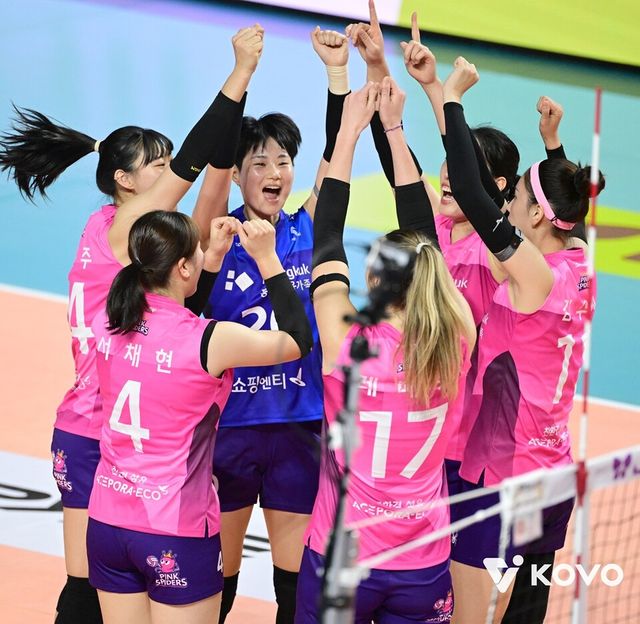 흥국생명 선수단이 득점 후 기뻐하고 있다. /KOVO 제공