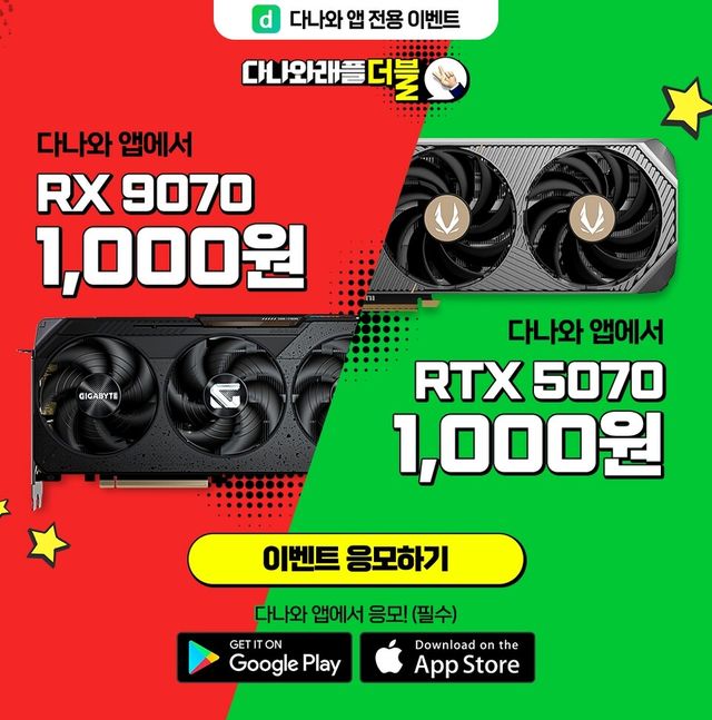 다나와가 최신 그래픽카드 RX 9070와 RTX 5070을 1000원에 판매하는 래플 이벤트를 진행한다./커넥트웨이브