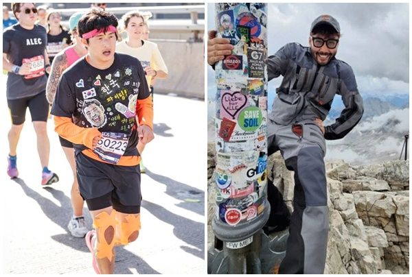 방송인 기안84가 뉴욕 마라톤을 소화하고 있다. 오른쪽은 등산 중인 노홍철의 모습. /기안84, 노홍철 인스타그램