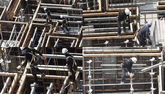 성남시 효성중공업 공사 현장에서 안전대 미체결한 작업자가 2m 상단 높이 거푸짐 상단과 시스템 수평재 위를 위험하게 달리고 있는 장면./성남주민연대 시민안전감시단 자료 캡쳐