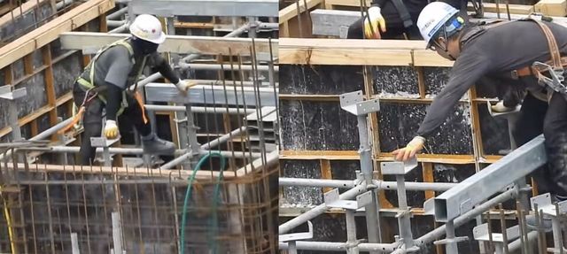 성남시 효성중공업 공사 현장에서 안전대 미체결 근로자가 멍에 위로 발을 옮기는 모습./성남주민연대 시민안전감시단 자료 캡쳐