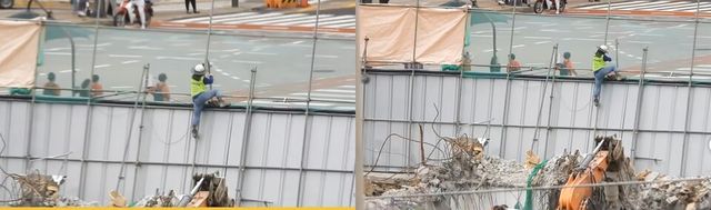 근로자가 굴착기가 브레이커, 집게작업을 하는 위험지역에서 3m 높이 가설펜스 위에 올라 안전대 없이 한손은 수직대. 양발은 가로대와 조인트 클램프 돌출부를 딛고 버티고 있다. 중심을 잃을 경우 날카로운 철거 잔해물과 굴착기 굴착기 작업 공간으로 추락하여 중대재해로 이어질 수 있는 위험 현장./성남주민연대 시민안전감시단 자료 캡쳐