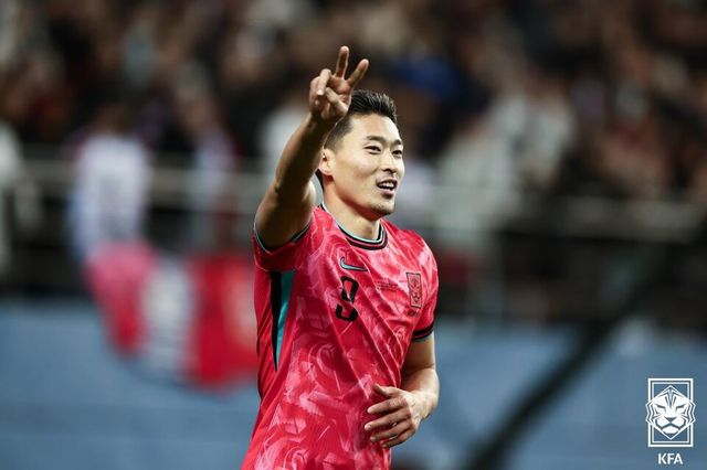 지난해 3월 26일 태국전(3-0 승) 이후 1년 8개월 만에 A매치 복귀전을 치르고 득점까지 터뜨린 조규성. /KFA 제공