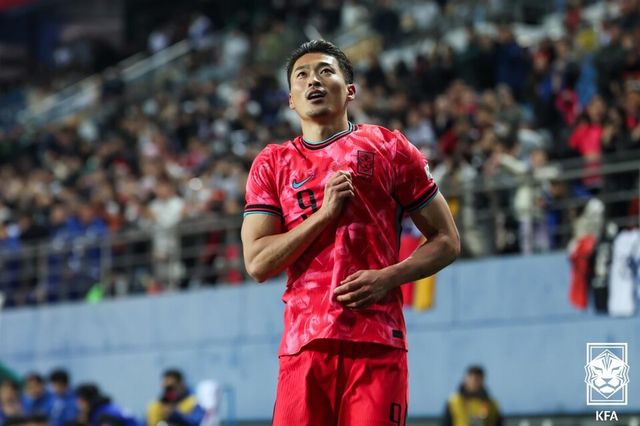 지난해 3월 26일 태국전(3-0 승) 이후 1년 8개월 만에 A매치 복귀전을 치르고 득점까지 터뜨린 조규성. /KFA 제공