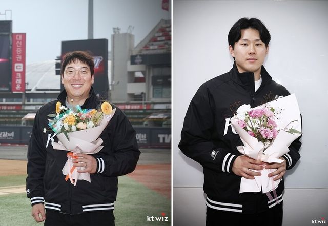 김현수(왼쪽)와 최원준. /KT 위즈 제공