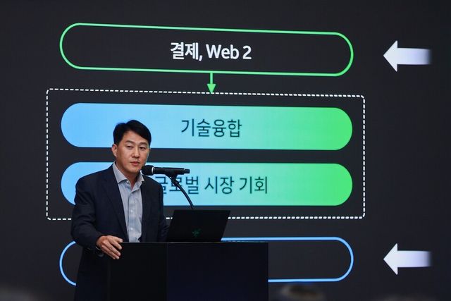 27일 경기도 성남시에 위치한 네이버 1784에서 진행된 네이버-네이버파이낸셜-두나무 3사 공동 기자간담회에서 오경석 두나무 대표이사가 발표를 진행하고 있다./두나무