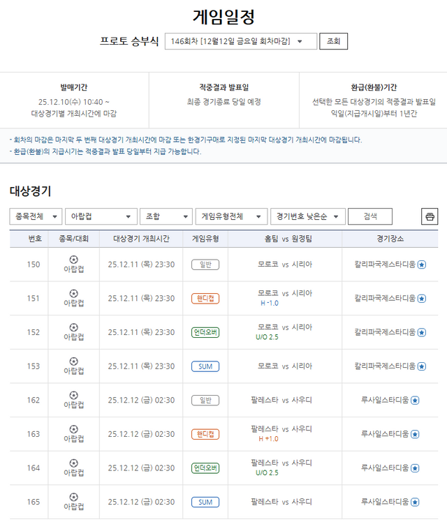 프로토 승부식 146회차 2025-2026 국제축구연맹(FIFA) 아랍컵 카타르 8강 대상 게임. /한국스포츠레저 제공