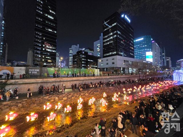 2025 서울빛초롱축제가 12일 서울 청계천과 우이천 일대에서 막을 올렸다. 사진은 작품 ‘I LOVE 잉어킹’ 모습. /박종민 기자