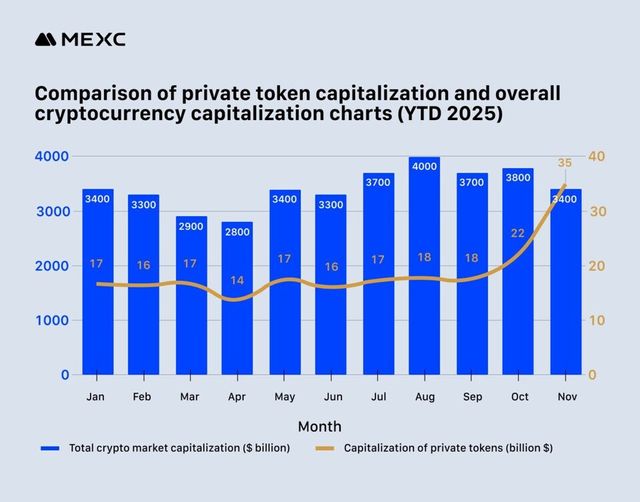 민간 발행 토큰 시가총액과 전체 가상자산 시가총액의 월별 추이를 비교한 그래프 /MEXC 리서치