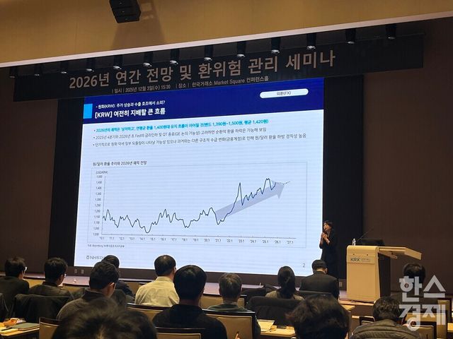 권아민 NH투자증권 연구원이&nbsp;3일 NH선물과 한국거래소가 공동 주최한 '2026 연간전망 세미나'에서 '달러, 다시 살 기회는 있다'를 주제로 발표하고 있다. /사진=김유진 기자