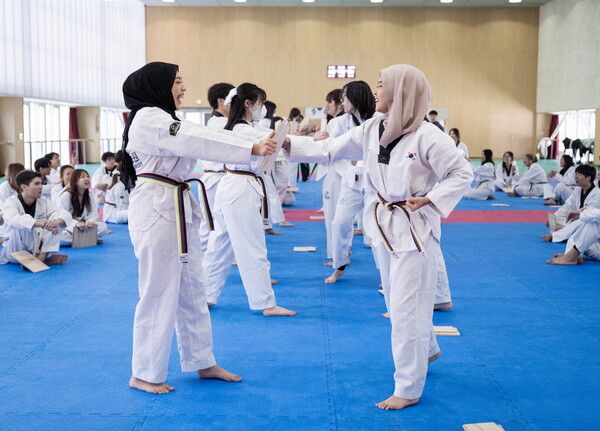 격파 체험하는 동계 필링코리아 참가자들. /태권도진흥재단 제공