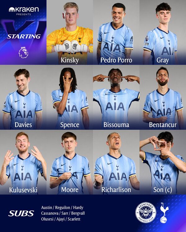 토트넘 홋스퍼의 브렌트퍼드전 선발 라인업. /토트넘 페이스북