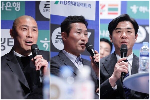 차두리 화성FC 감족(왼쪽부터), 이을용 경남FC 감독, 윤정환 인천 유나이티드 감독. /한국프로축구연맹 제공