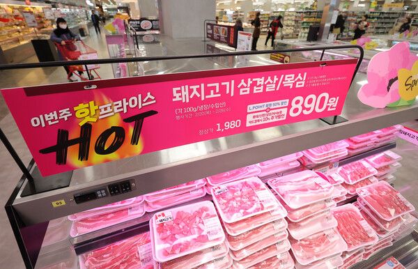 지난달 20일 서울 중구 롯데마트 서울역점을 찾은 시민들이 한 근(600g)에 5천340원씩 판매하는 캐나다·미국산 돼지고기 삼겹살과 목심을 구매하고 있다./연합뉴스.