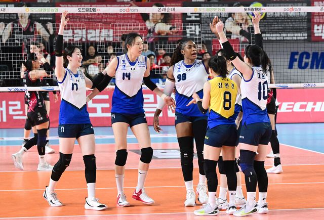 27일 대전충무체육관에서 열린 도드람 2024-2025 V리그&nbsp;여자부 플레이오프 2차전서 정관장에 3-0 완승을 거둔 현대건설. /한국배구연맹 제공