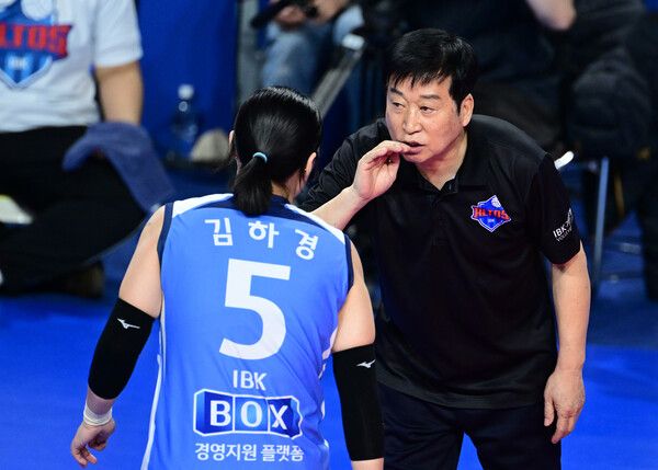 김호철 IBK기업은행 감독과 김하경. /한국배구연맹 제공