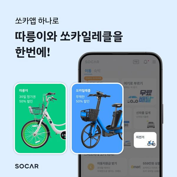 쏘카가 서울시와 협력해 공공자전거 따릉이를 쏘카 앱에서 이용할 수 있도록 서비스를 연계한다./쏘카