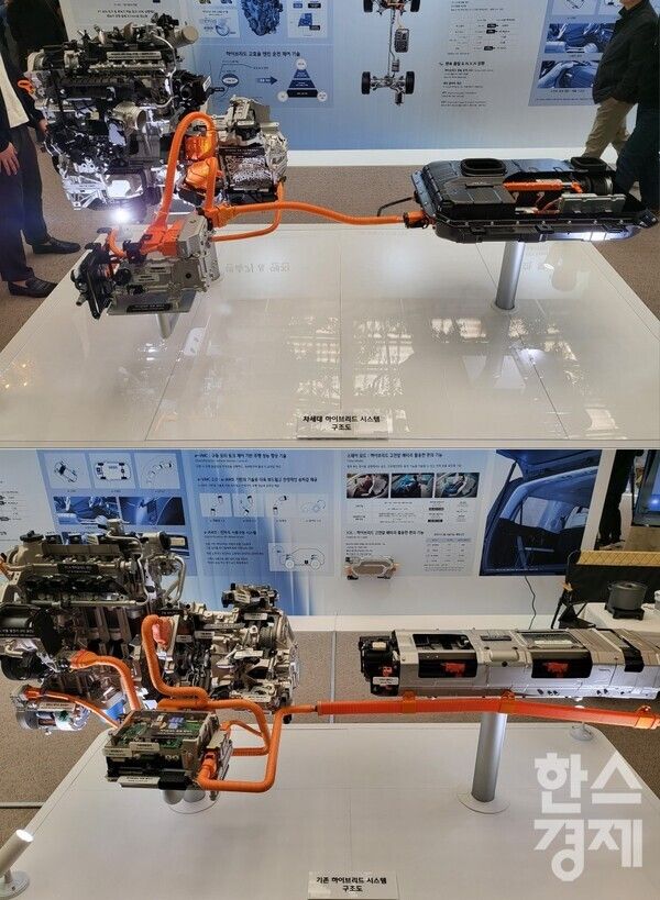 차세대 하이브리드 시스템 구조도(위)와 기존 하이브리드 시스템 구조도/ 최창민 기자