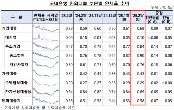 국내은행 원화대출 부문별 연체율 추이. /금융감독원 제공