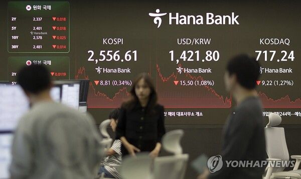 코스피가 30일 외국인과 기관 투자자의 매도세에 하방 압력을 받아 전장보다 8.81포인트(0.34%) 내린 2556.61로 거래를 마쳤다. /연합뉴스