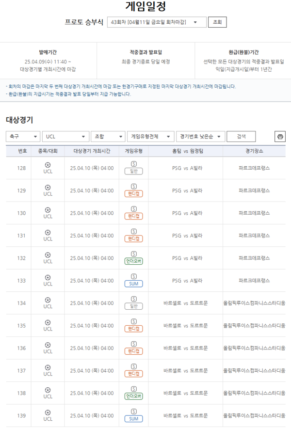 프로토 승부식 43회차 챔피언스리그 대상 경기 및 게임 정보. /스포츠토토코리아 제공