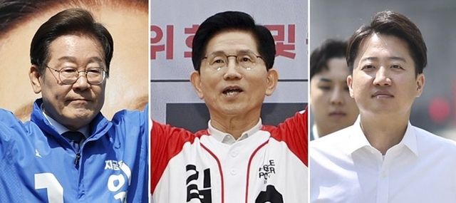 광화문 청계광장에서 열린 중앙선대위 출정식 및 첫 유세에 나선 더불어민주당 이재명(왼쪽부터), 여의도 국민의힘 중앙당사에서 열린 중앙선대위 임명장 수여식에 참석한 국민의힘 김문수, 연세대학교 캠퍼스 방문한 개혁신당 이준석 대선 후보. 사진=연합뉴스
