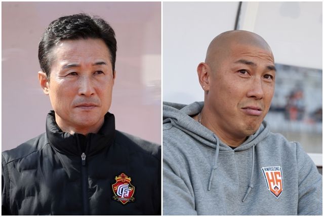 이을용 경남FC 감독(왼쪽)과 차두리 화성FC 감독. /한국프로축구연맹 제공