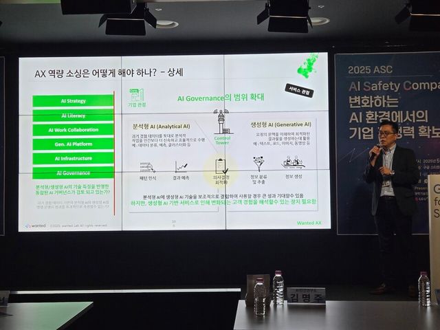 27일 서울 대치동 구글 스타트업 캠퍼스에서 열린 ‘2025 AI Safety Compass 컨퍼런스’ 기업 세션에서는 L원티드랩 AX사업부문 주형민 부문장은 ‘AI 모델의 정확성·안정성이 기업 생존을 좌우한다’를 주제로 강연하고 있다. /사진=전시현 기자