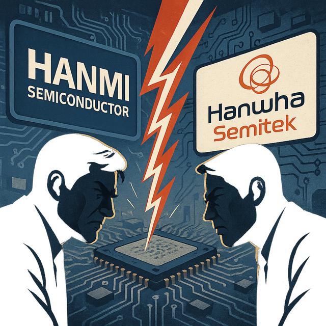 한미반도체와 한화세미텍의&nbsp; 갈등이 특허 소송을 넘어 그룹 차원의 감정 대립으로 번지고 있다. / AI 이미지