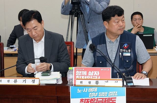 최저임금위원회 사용자위원인 류기정 한국경영자총협회 전무(왼쪽)와 근로자위원 류기섭 한국노총 사무총장이 29일 정부세종청사에서 열린 최저임금위원회 제3차 전원회의에서 나란히 자리하고 있다 / 연합뉴스&nbsp;