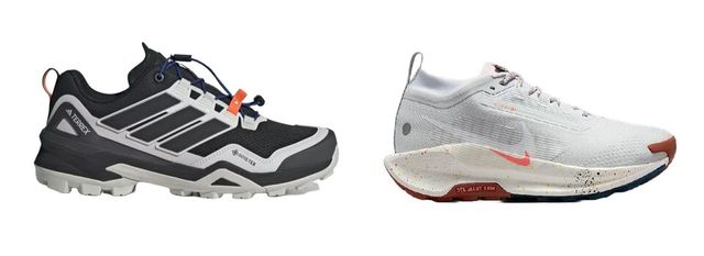 고어텍스 소재가 적용된 아디다스의 ‘테렉스 스카이체이서 고어텍스 하이킹’(왼쪽)과 고어텍스 인비저블 핏 기술이 적용된 나이키의 ‘페가수스 트레일 5 GTX’. /아디다스, 나이키 제공